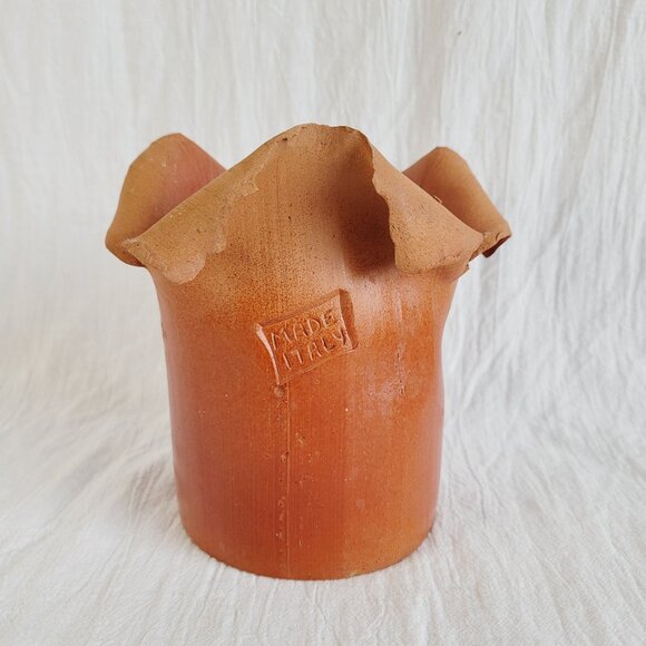 Handcrafted Italy Terracotta Vase / Utensil Holder W Natural Scalloped Rim - Picture 1 of 10